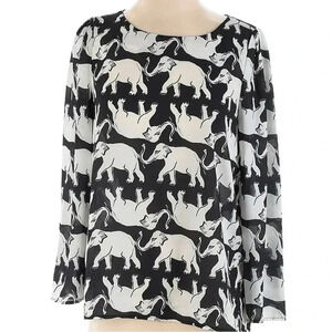 ModCloth Elephant Day Parade Black & White Long Sleeve Top Blouse Size XS